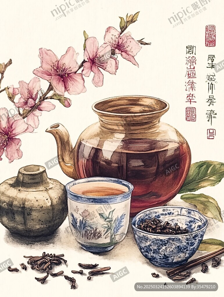 古風茶具與爛漫桃花圖