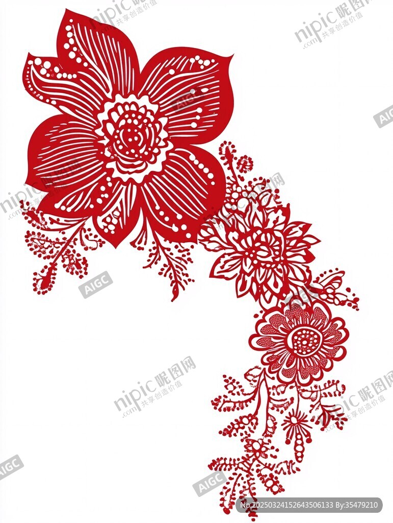中式紅色花卉剪紙裝飾圖案