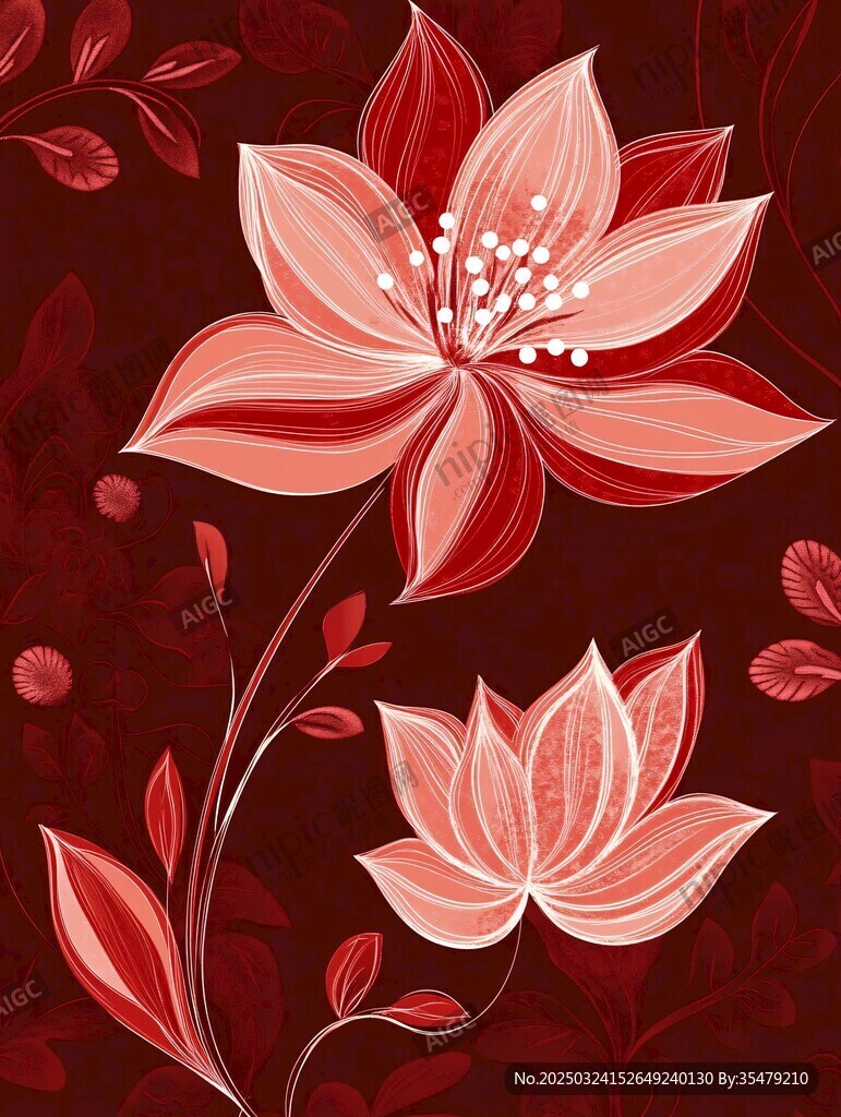 深紅背景上的柔美花卉圖案