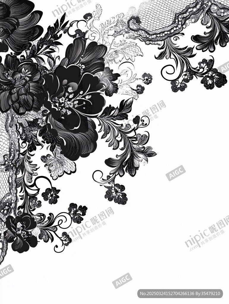 黑白花卉蕾絲邊角圖案