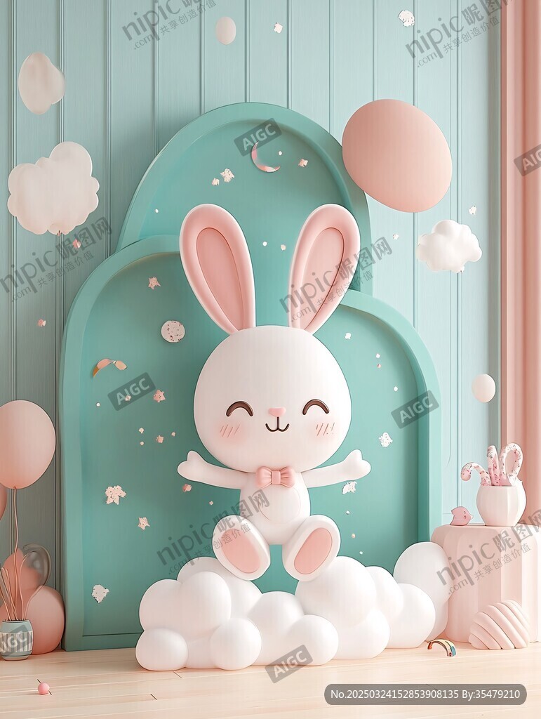 可愛兔子置身夢幻云朵場景