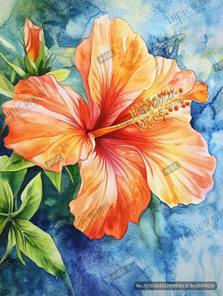 水彩繪橙紅色木槿花