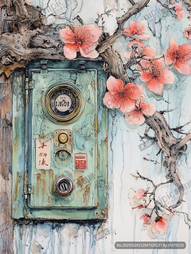 復(fù)古電表箱旁綻放的桃花