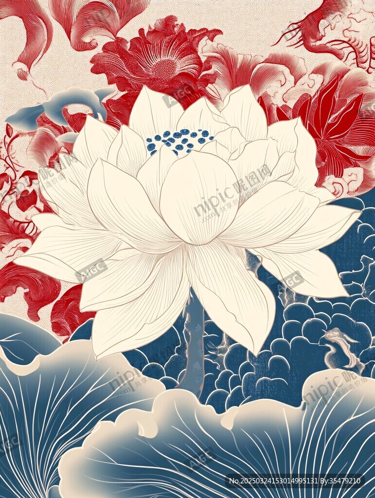 水墨荷花錦鯉中式祥瑞圖