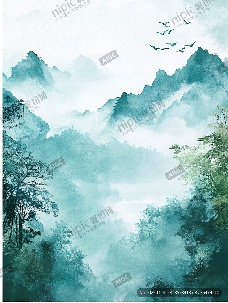 水墨青山飛鳥詩意畫卷