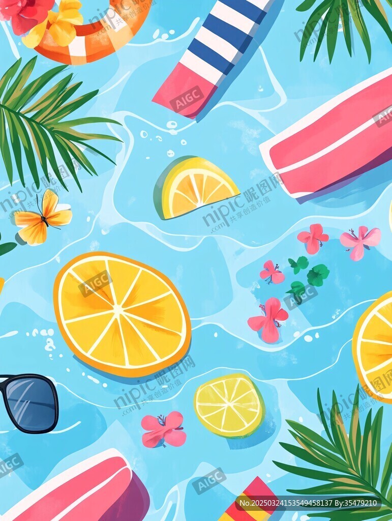 夏日泳池清涼元素插畫