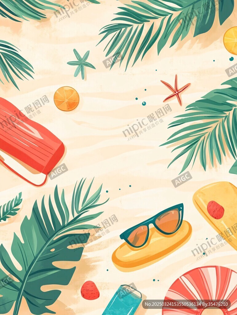 夏日沙灘度假元素插畫