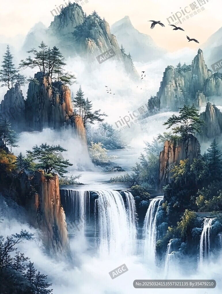 水墨山水間的飛瀑與飛鳥