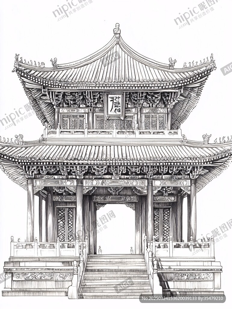 中式古亭建筑手繪圖稿