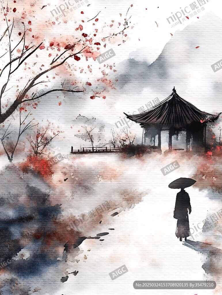 水墨古風 獨行于煙雨亭畔
