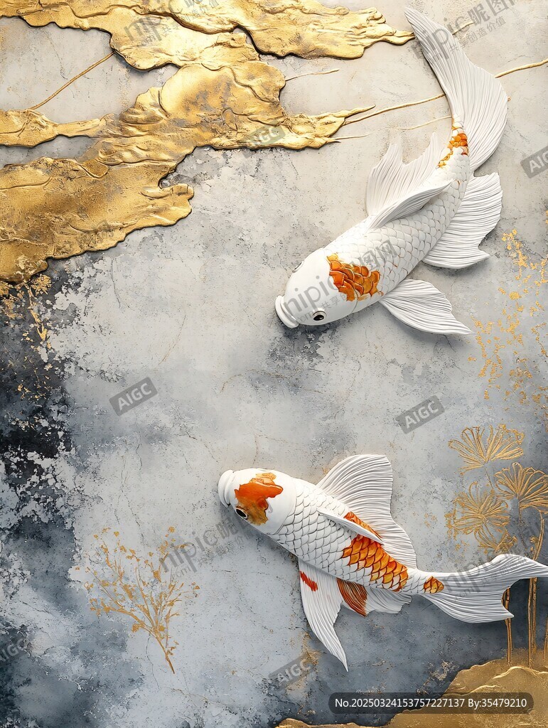 雙鯉戲金葉中式藝術(shù)圖