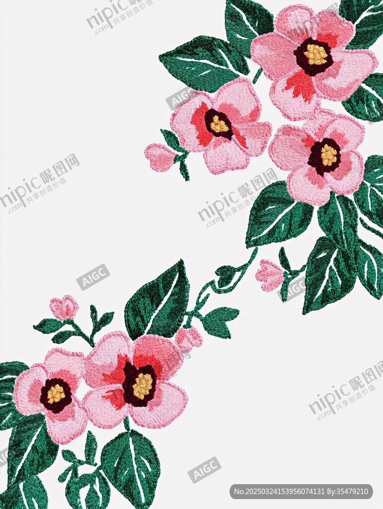 粉色花卉綠葉刺繡圖案