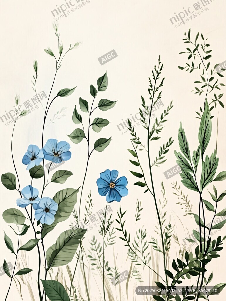藍(lán)花綠植田園風(fēng)插畫