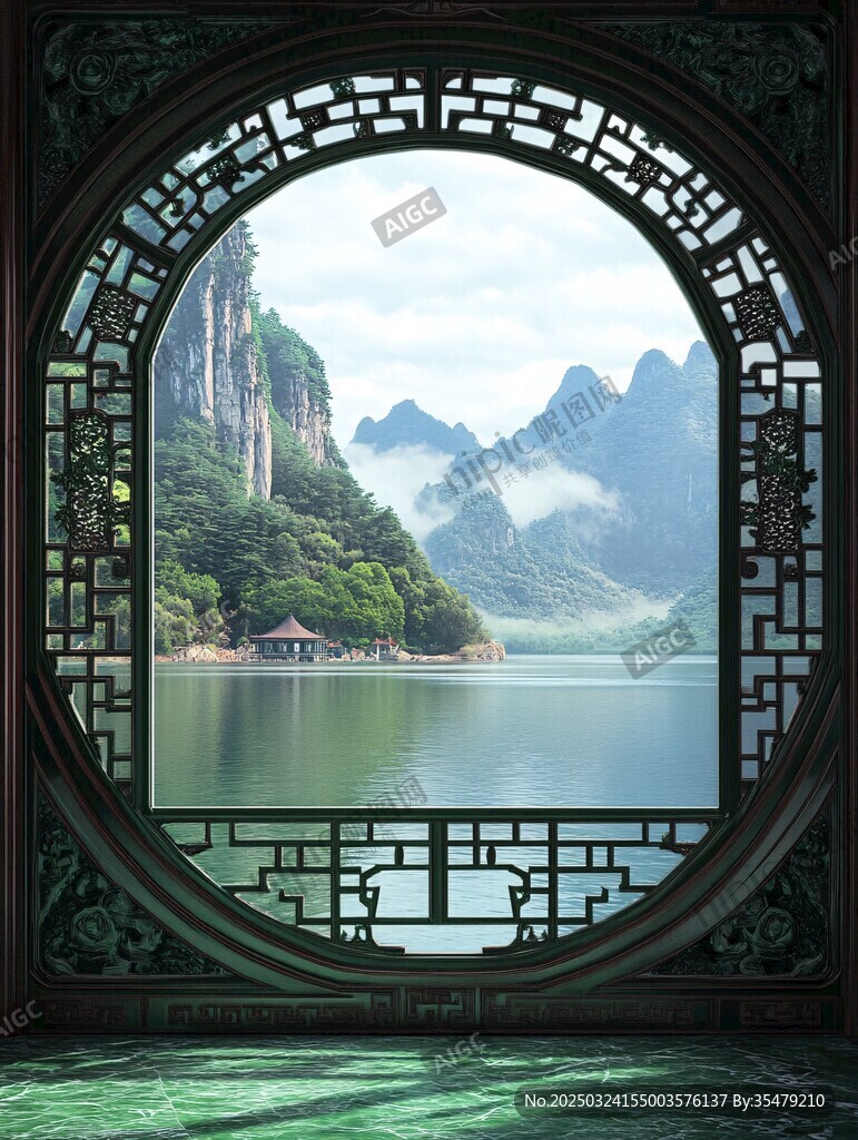 中式圓窗望山水美景