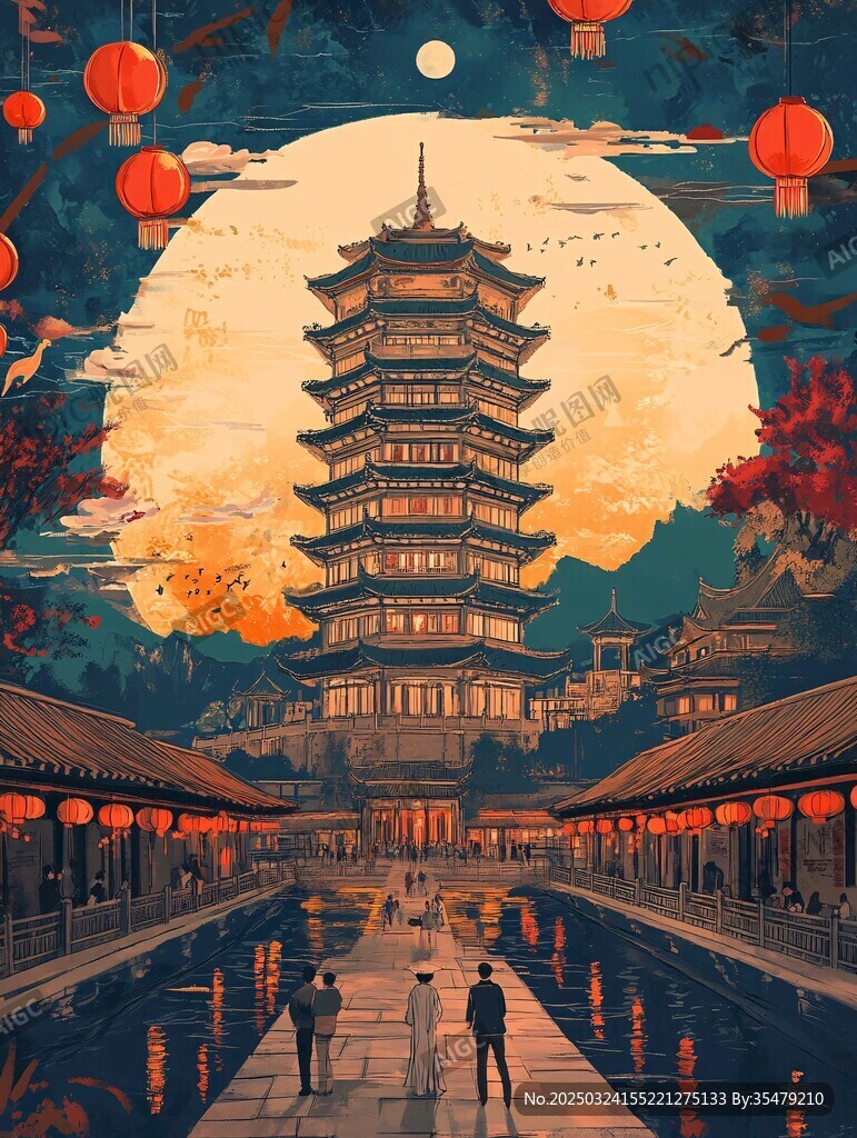月夜下的中式塔樓景觀