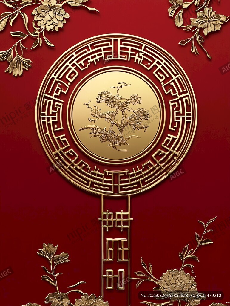 中式古典團(tuán)扇紅金裝飾圖