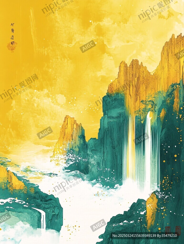 金色山水間的夢(mèng)幻瀑布