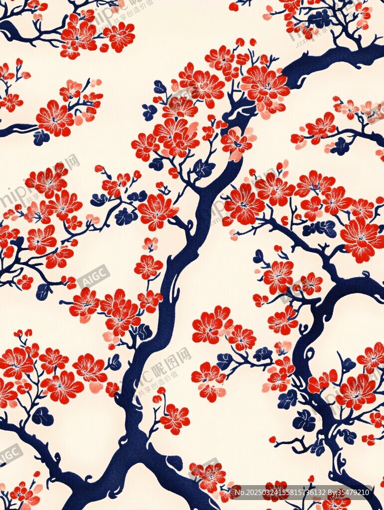中式紅梅花卉圖案紋理
