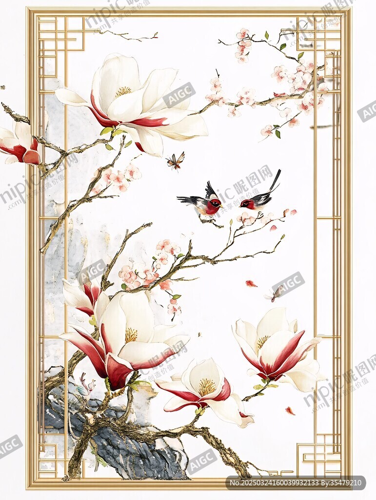 玉蘭花枝間雙鳥中式圖景