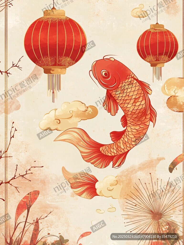 紅燈籠下躍動的吉祥錦鯉