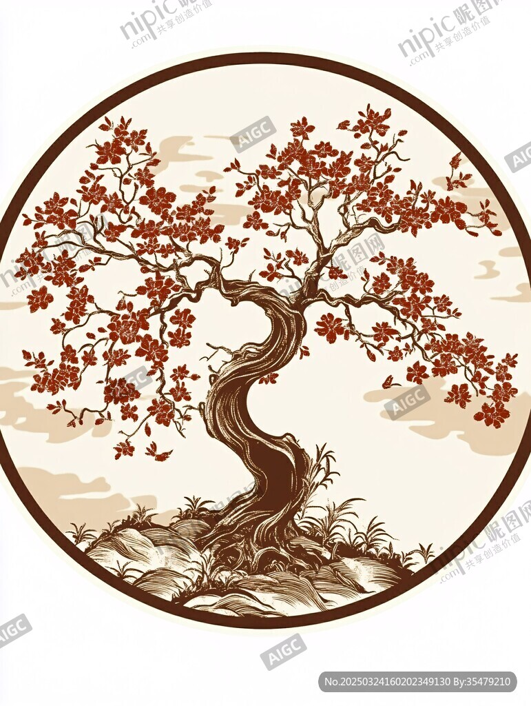 中式古風(fēng)圓形繁花古樹圖