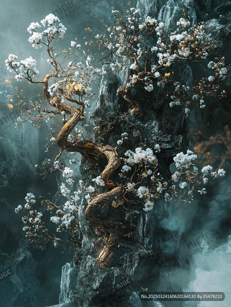 奇幻崖壁繁花古樹景觀