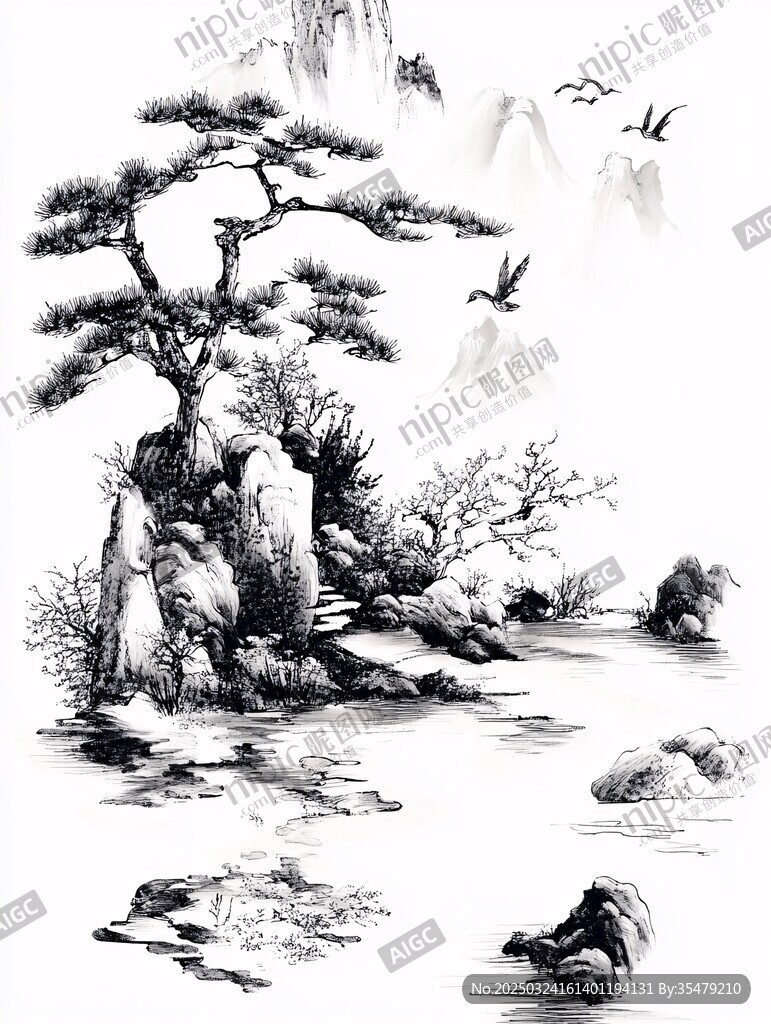 水墨山水間的孤松飛鳥