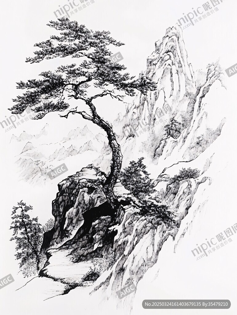 懸崖勁松水墨素描圖