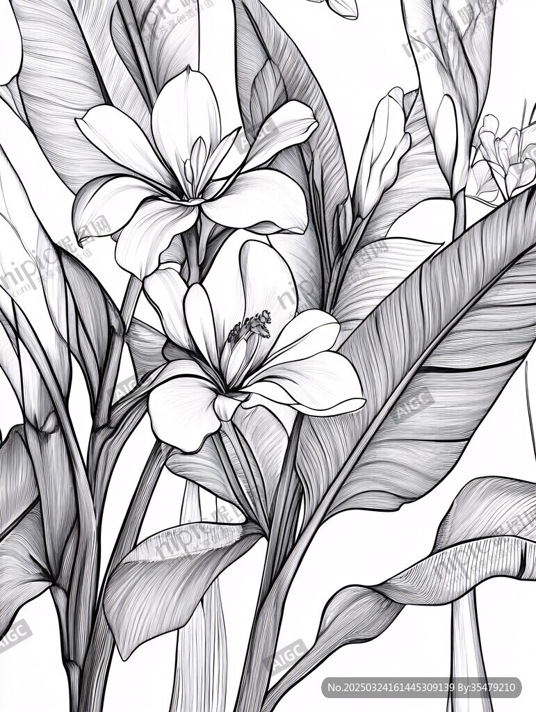 黑白花卉植物線條插畫(huà)