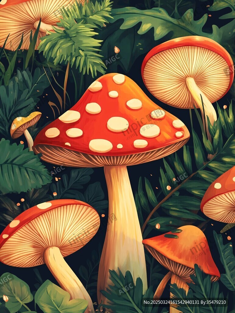 奇幻森林中的鮮艷毒蘑菇