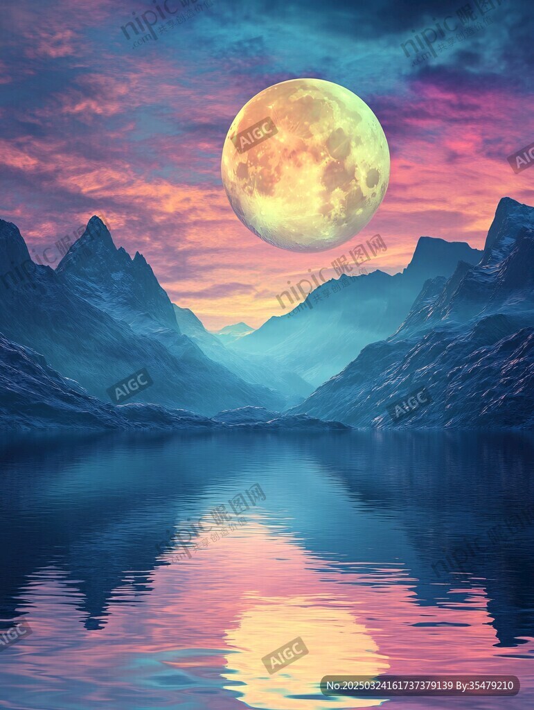 夢幻月夜下的山水美景
