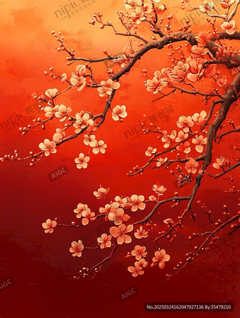 紅梅綻放于絢爛紅背景中