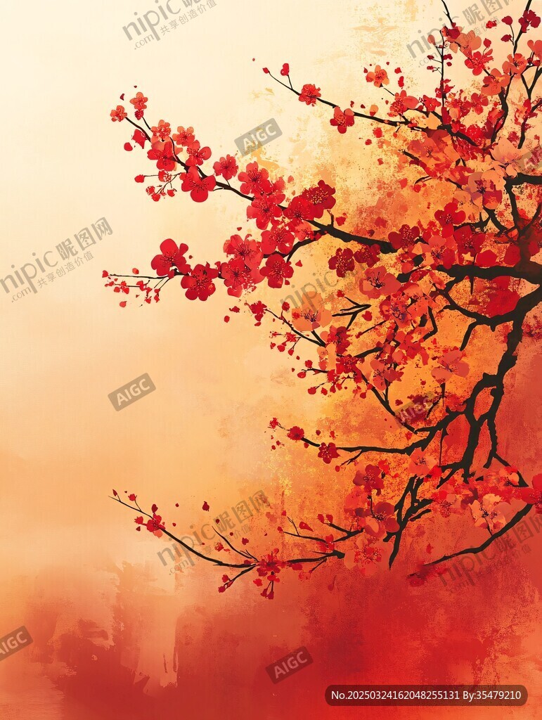 紅梅綻放 水墨詩意之景