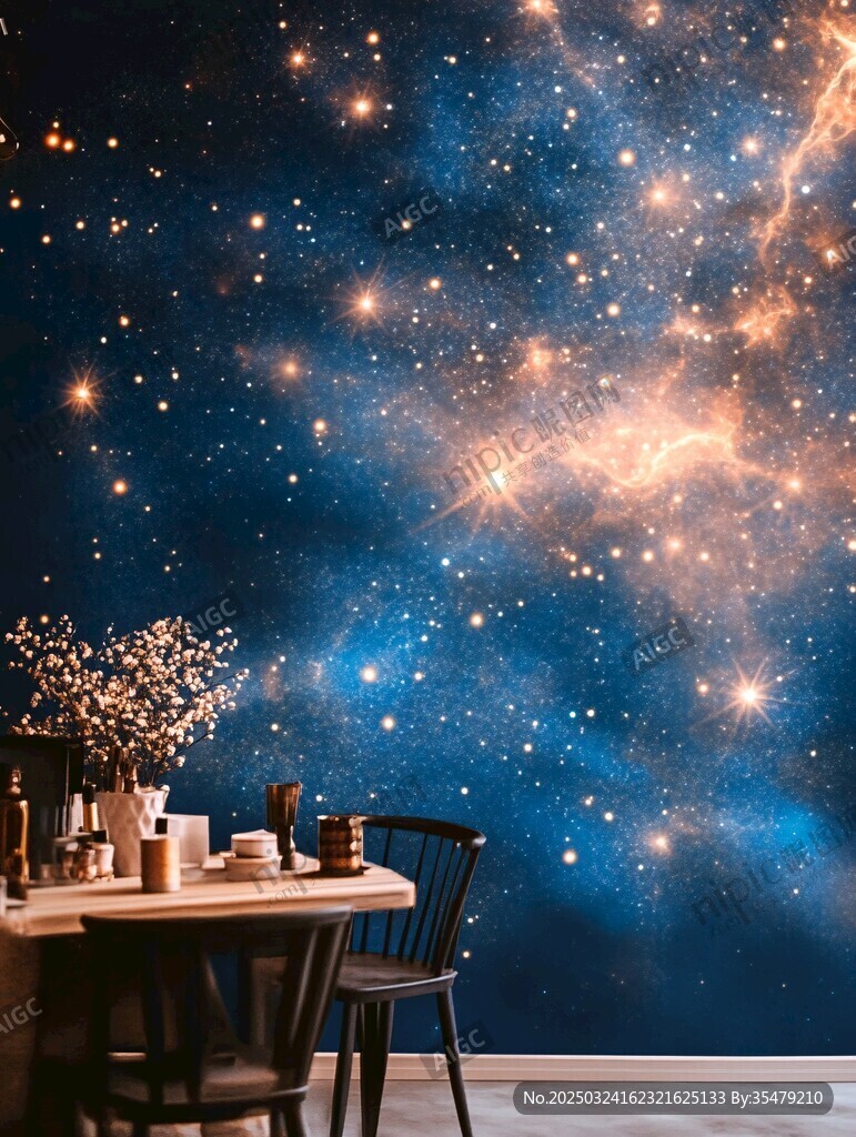 夢幻星空墻前的溫馨餐桌