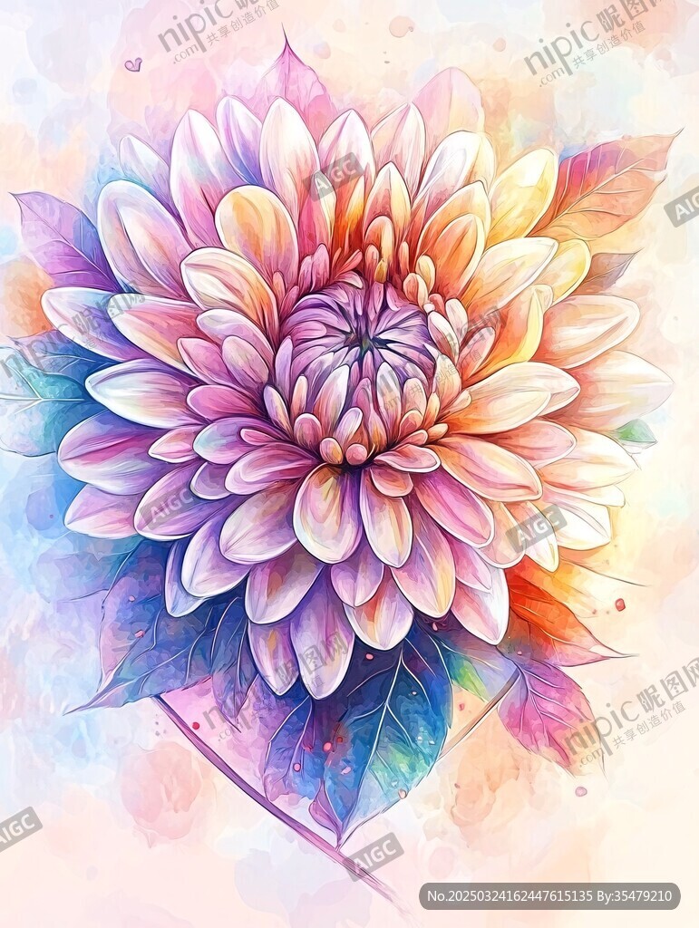 夢(mèng)幻水彩大麗花花卉圖