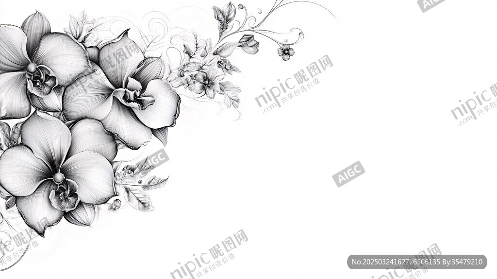 黑白蘭花花卉裝飾圖案