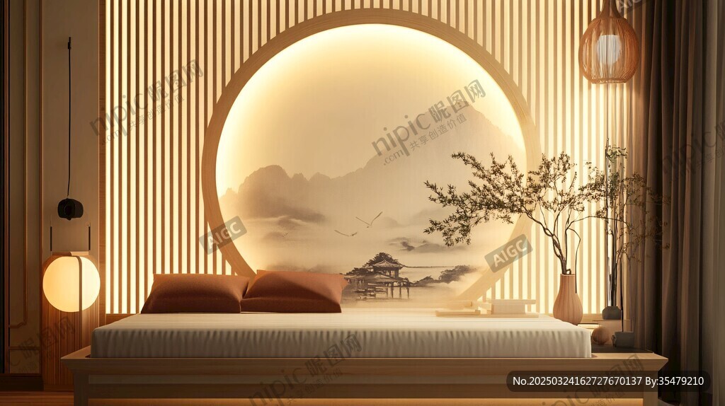 中式臥室 山水背景墻之美