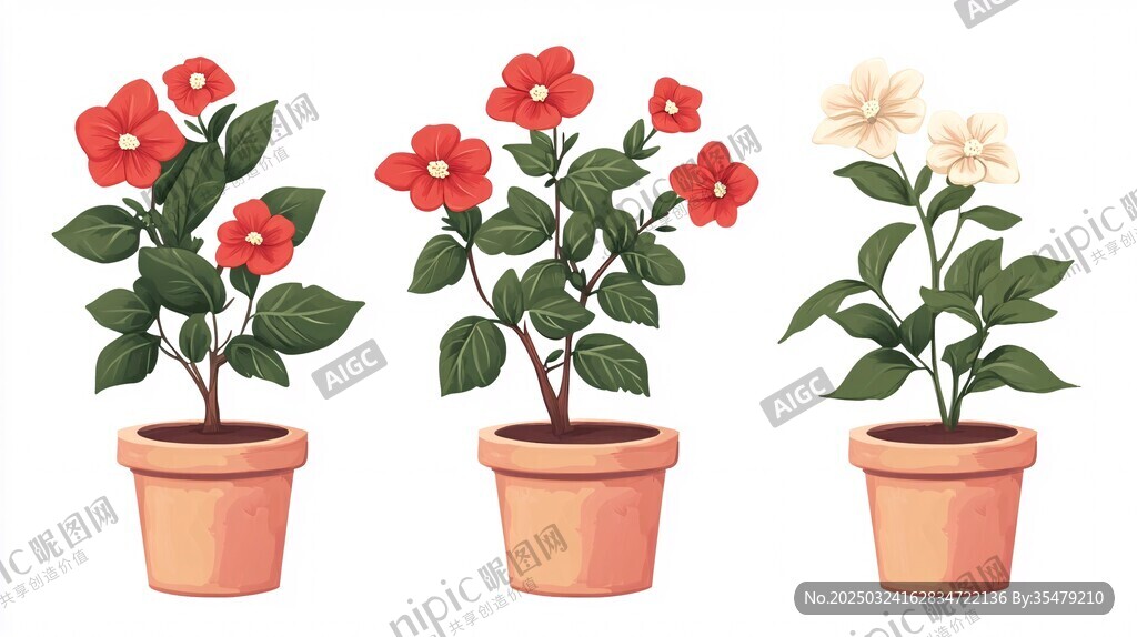 三盆盆栽花卉插畫欣賞