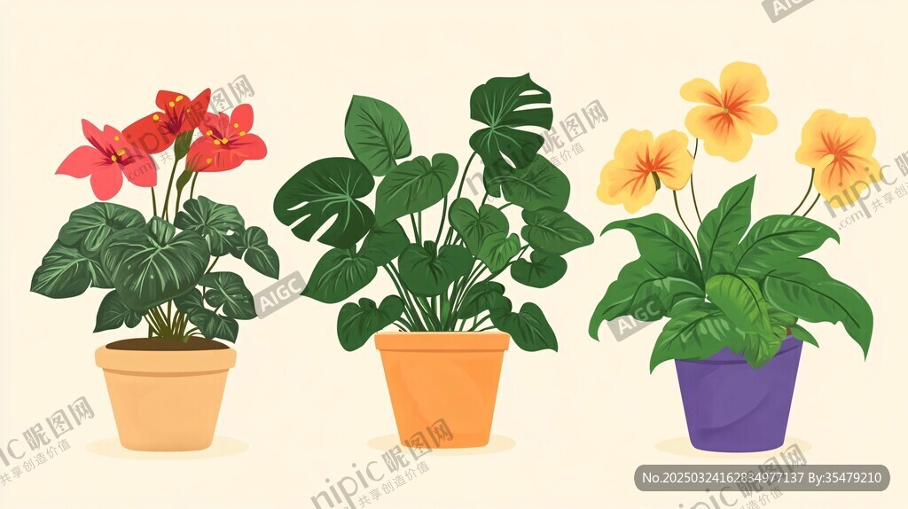 三盆多彩盆栽花卉插畫