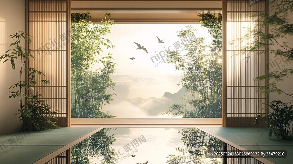 日式禪意茶室窗外自然景