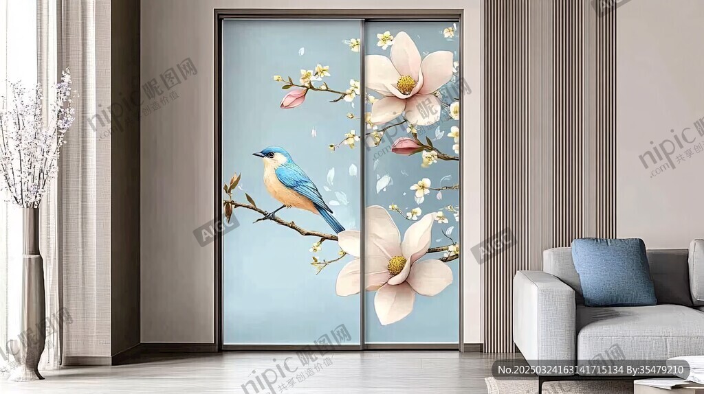 玉蘭花鳥移門裝飾畫