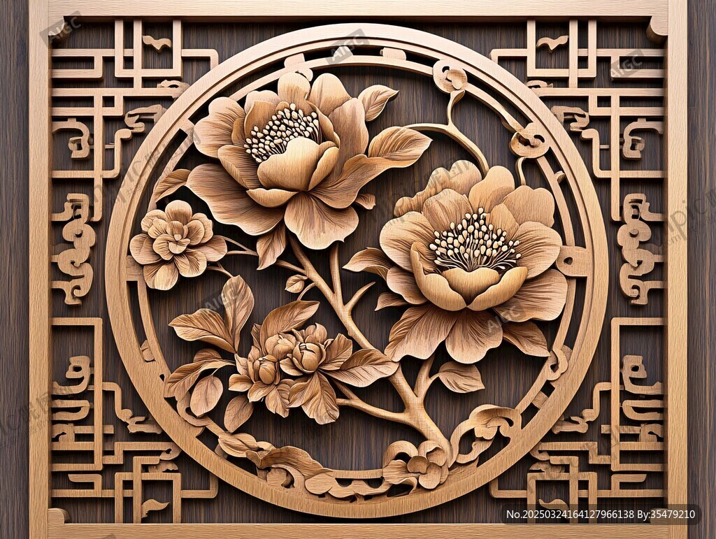 中式木雕牡丹花紋飾圖案
