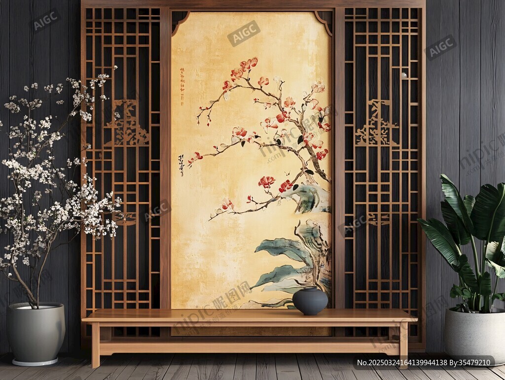 中式屏風(fēng)上的雅致花鳥畫