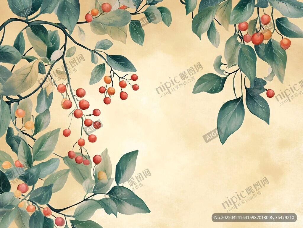 手繪枝頭紅果綠葉插畫