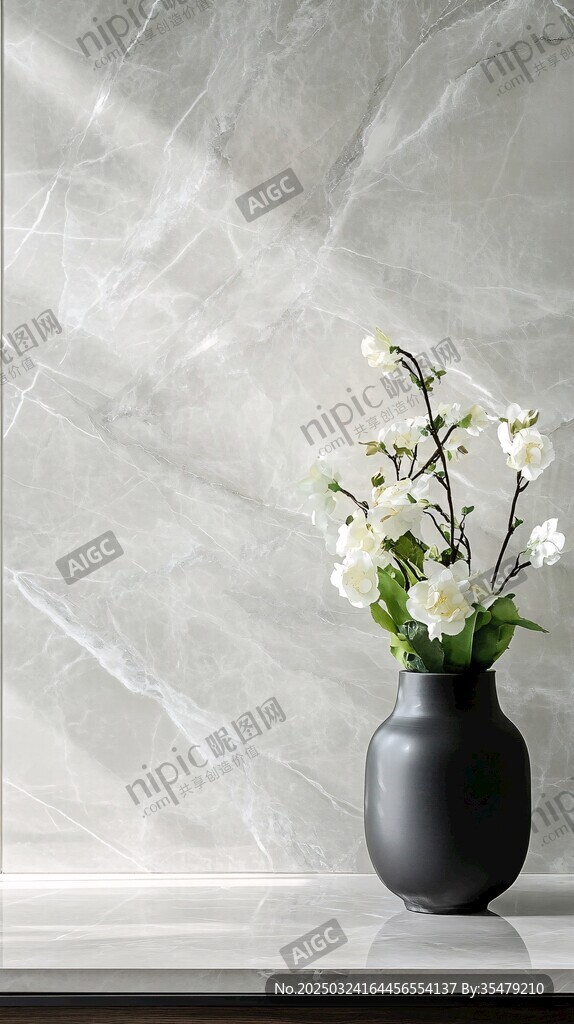 簡約黑瓶白花大理石背景圖
