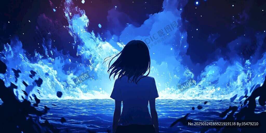 少女凝望夢(mèng)幻星空與海浪