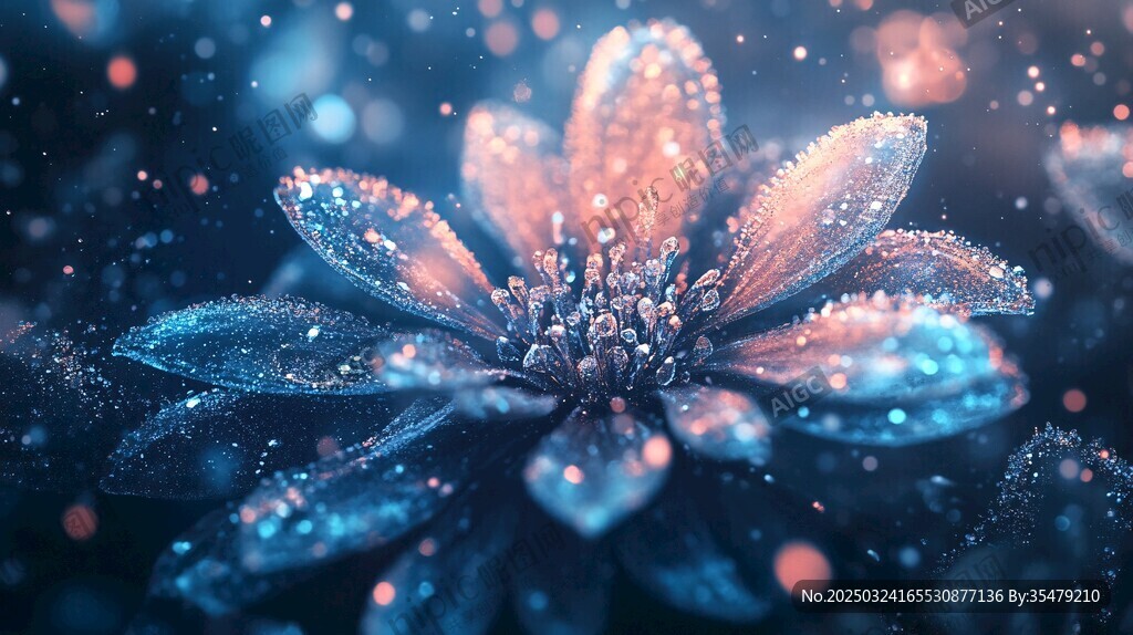 夢(mèng)幻藍(lán)粉花朵與晶瑩水滴