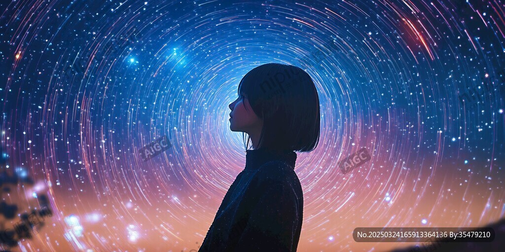 少女仰望璀璨星軌夜空