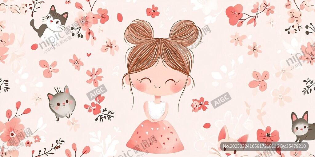 可愛女孩與萌貓花卉插畫