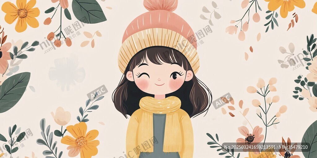 冬日戴帽少女與爛漫花卉